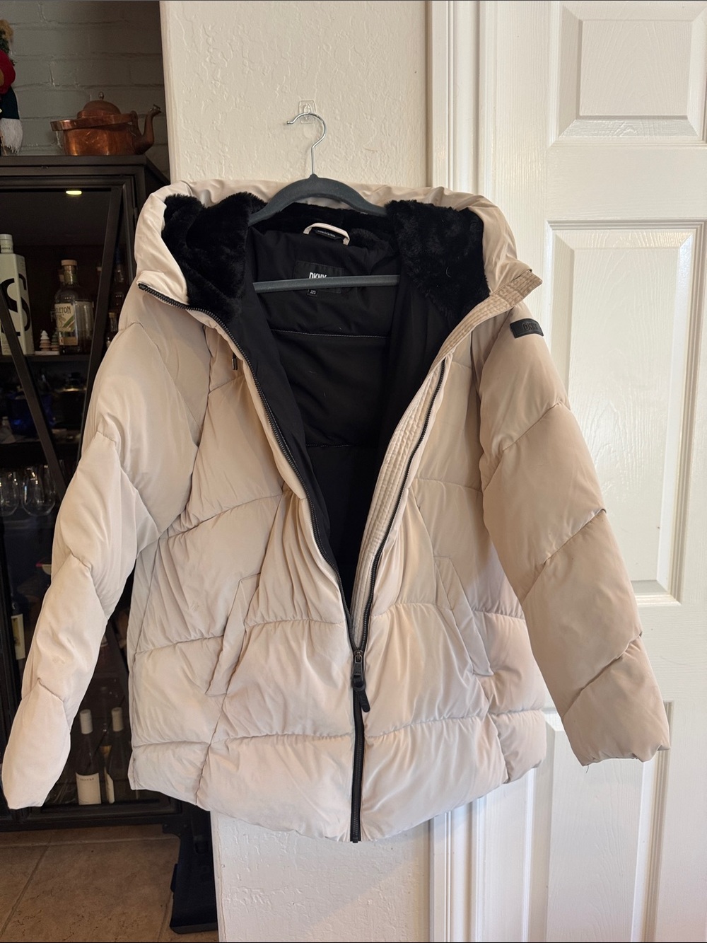 DKNY Light Beige Women's Quilted Puffer Jacket with Faux-Fur Trim